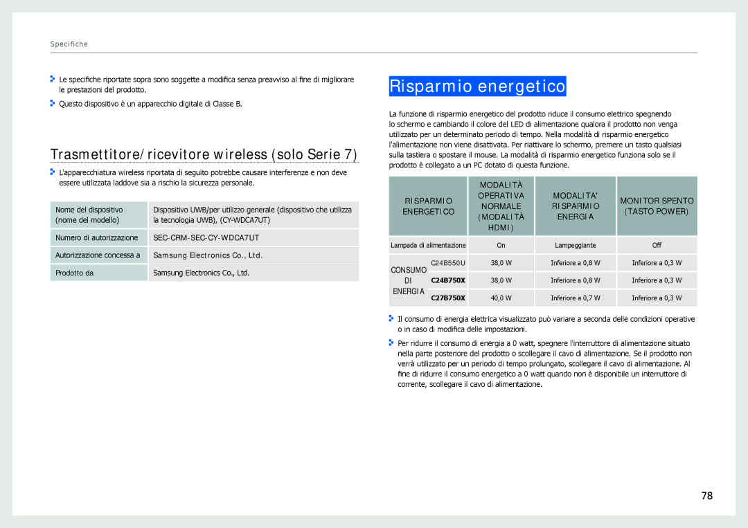 Samsung LC27B750XS/EN, LC24B750XS/EN manual Risparmio energetico, Trasmettitore/ricevitore wireless solo Serie 