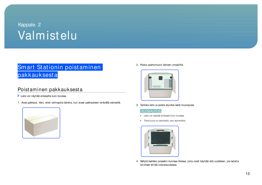 Samsung LC24B750XS/EN, LC27B750XS/EN manual Valmistelu, Smart Stationin poistaminen pakkauksesta, Poistaminen pakkauksesta 