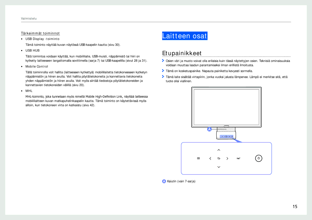 Samsung LC24B750XS/EN, LC27B750XS/EN manual Laitteen osat, Etupainikkeet 