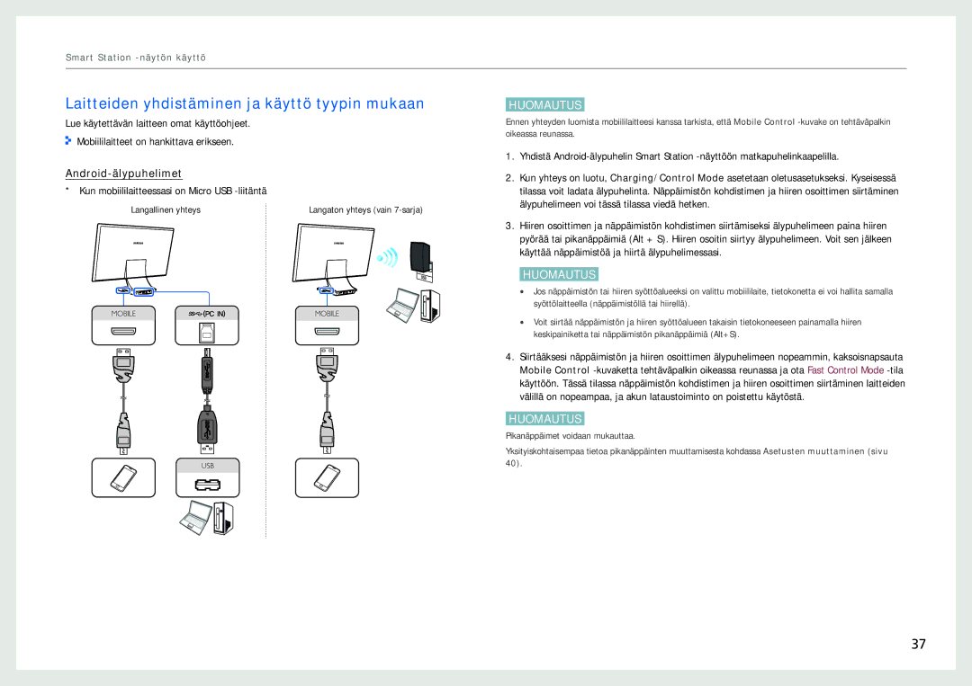 Samsung LC24B750XS/EN, LC27B750XS/EN manual Laitteiden yhdistäminen ja käyttö tyypin mukaan, Android-älypuhelimet 