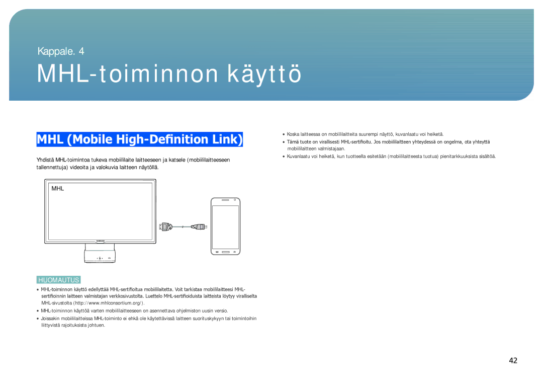 Samsung LC27B750XS/EN, LC24B750XS/EN manual MHL-toiminnon käyttö, MHL Mobile High-Definition Link 