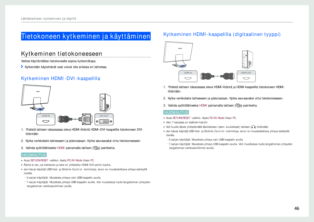 Samsung LC27B750XS/EN Tietokoneen kytkeminen ja käyttäminen, Kytkeminen tietokoneeseen, Kytkeminen HDMI-DVI-kaapelilla 