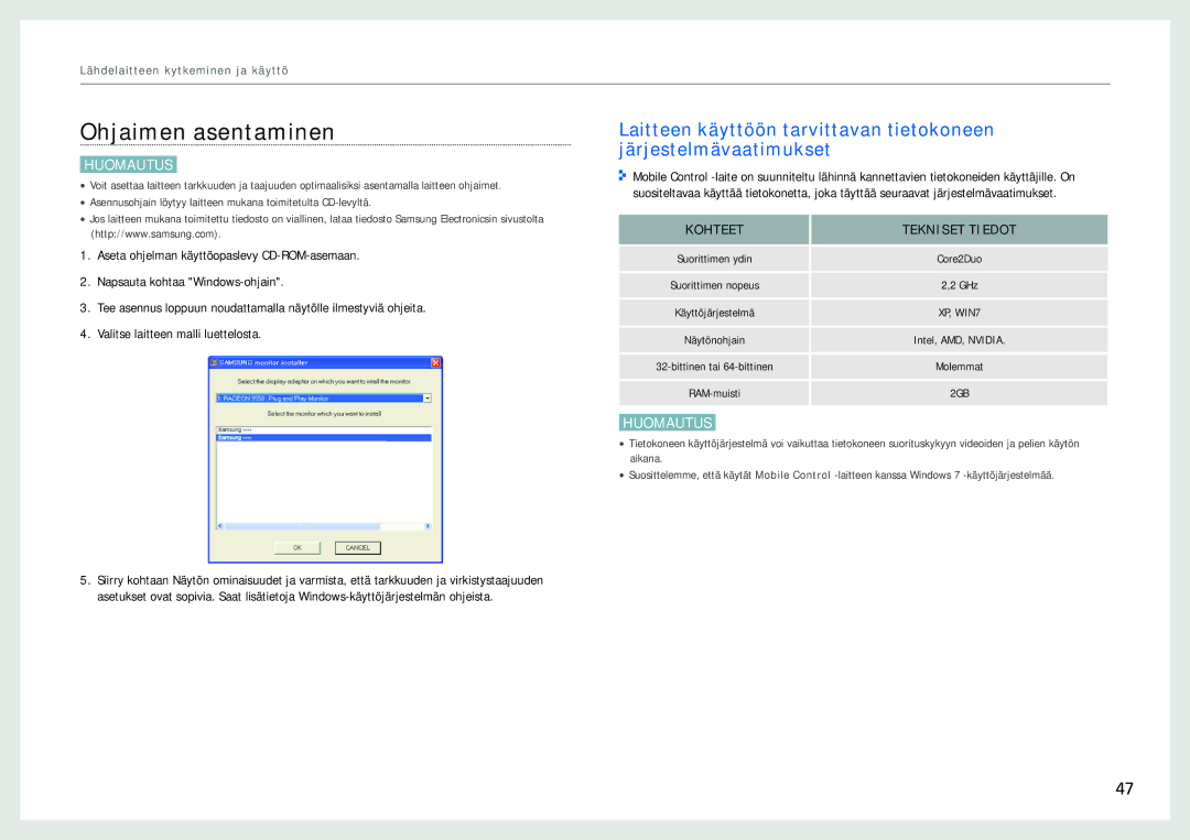 Samsung LC24B750XS/EN, LC27B750XS/EN manual Ohjaimen asentaminen, Kohteet Tekniset Tiedot 