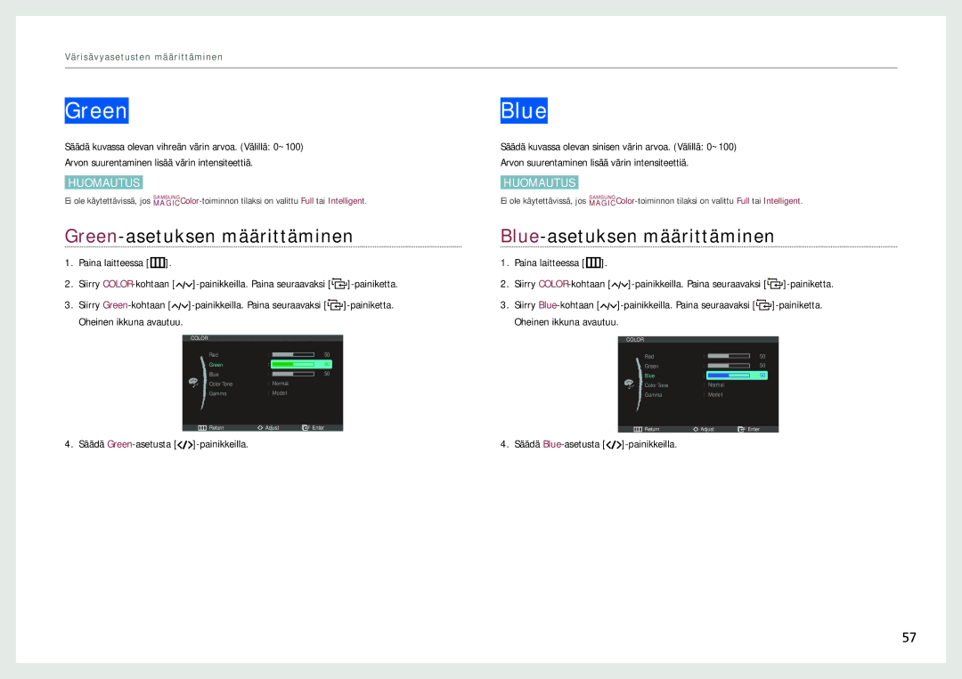 Samsung LC24B750XS/EN, LC27B750XS/EN manual Green-asetuksen määrittäminen, Blue-asetuksen määrittäminen 