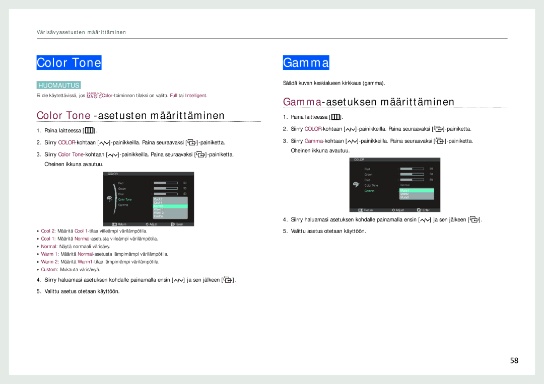 Samsung LC27B750XS/EN, LC24B750XS/EN manual Color Tone -asetusten määrittäminen, Gamma-asetuksen määrittäminen 