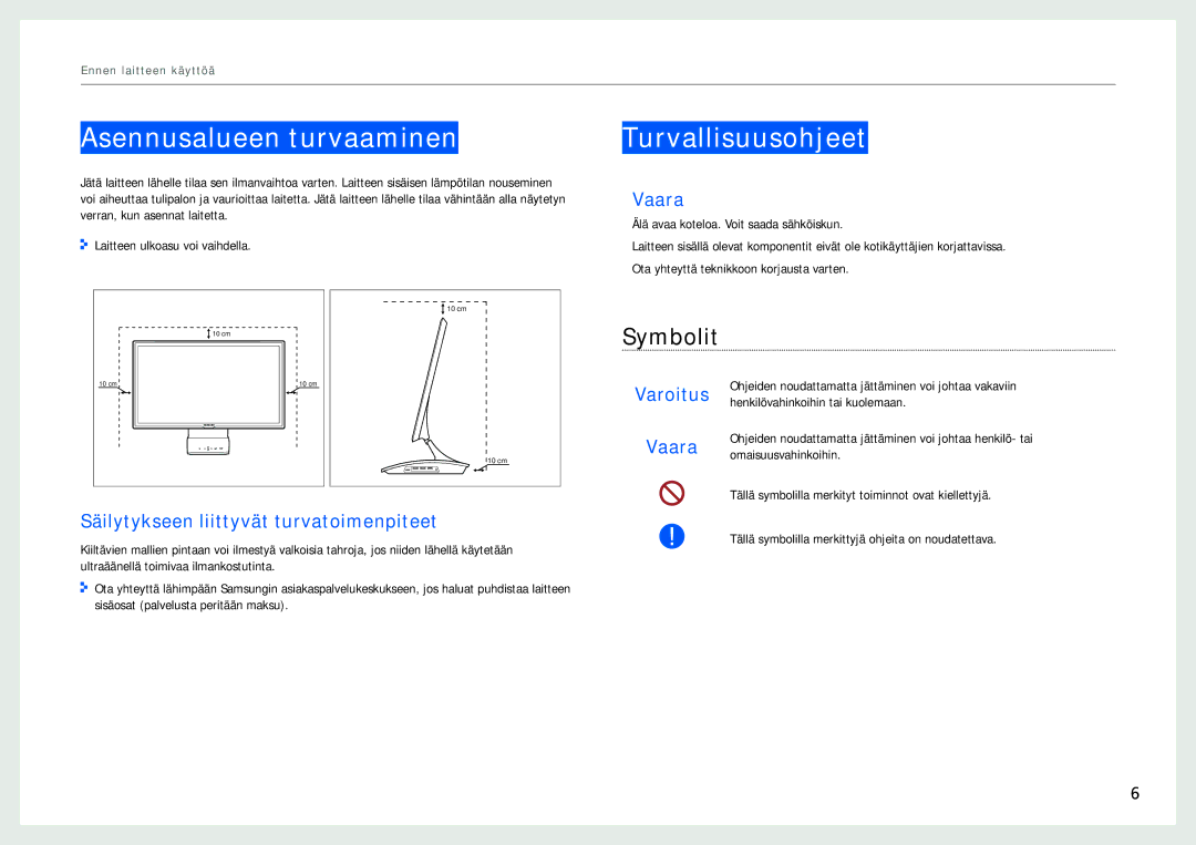 Samsung LC27B750XS/EN, LC24B750XS/EN manual Asennusalueen turvaaminen, Turvallisuusohjeet, Symbolit 