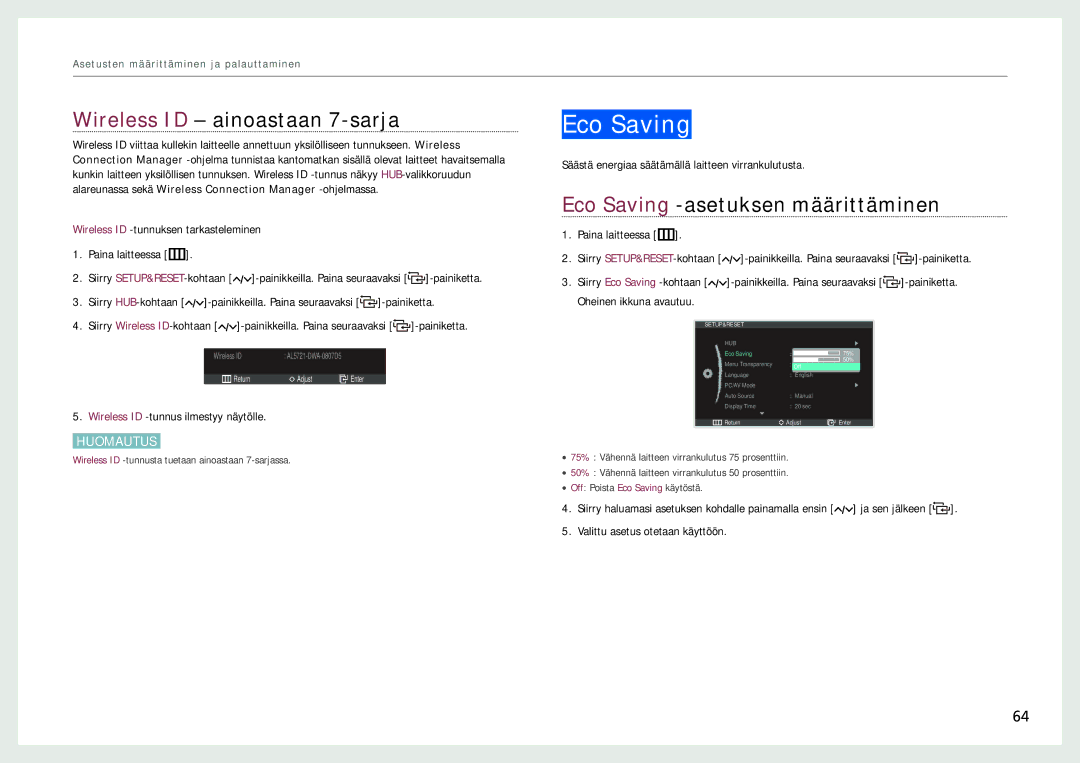 Samsung LC27B750XS/EN, LC24B750XS/EN manual Wireless ID ainoastaan 7-sarja, Eco Saving -asetuksen määrittäminen 