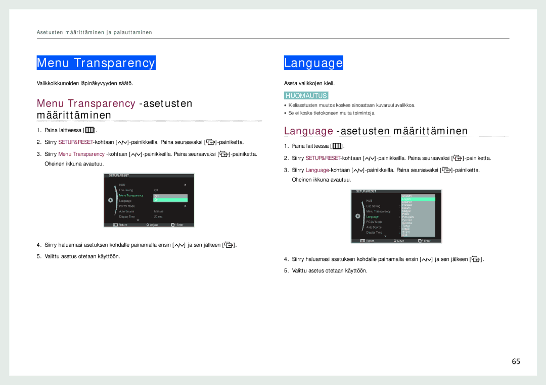 Samsung LC24B750XS/EN, LC27B750XS/EN manual Menu Transparency, Language -asetusten määrittäminen 
