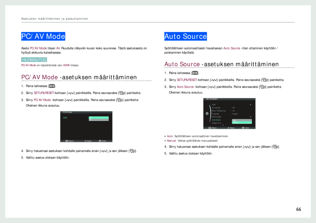 Samsung LC27B750XS/EN, LC24B750XS/EN PC/AV Mode -asetuksen määrittäminen, Auto Source -asetuksen määrittäminen 