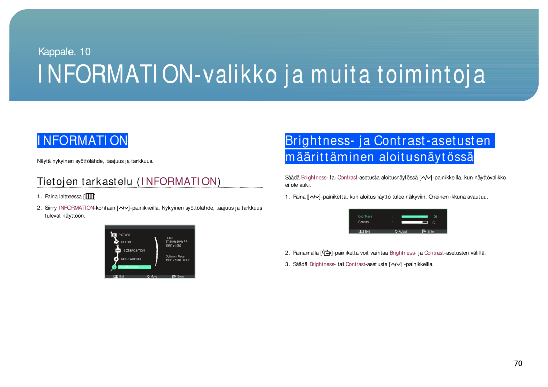 Samsung LC27B750XS/EN, LC24B750XS/EN manual INFORMATION-valikko ja muita toimintoja, Tietojen tarkastelu Information 