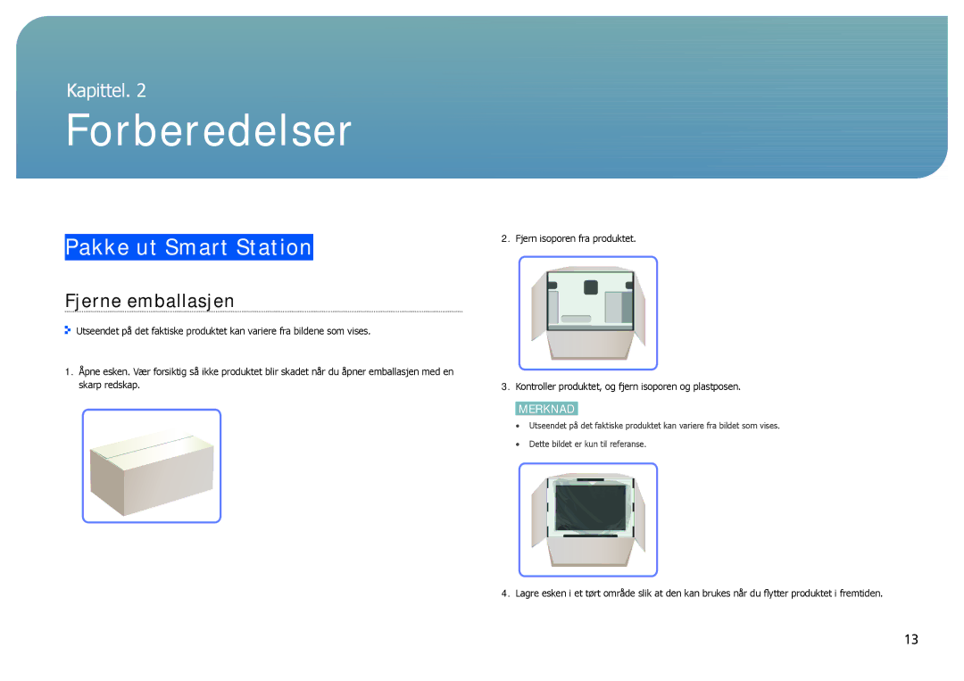 Samsung LC24B750XS/EN, LC27B750XS/EN manual Forberedelser, Pakke ut Smart Station, Fjerne emballasjen 