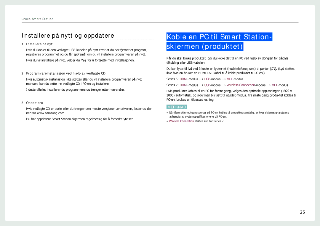Samsung LC24B750XS/EN, LC27B750XS/EN Koble en PC til Smart Station- skjermen produktet, Installere på nytt og oppdatere 