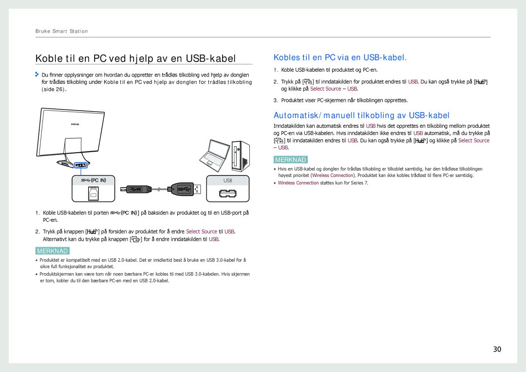 Samsung LC27B750XS/EN, LC24B750XS/EN manual Koble til en PC ved hjelp av en USB-kabel, Kobles til en PC via en USB-kabel 