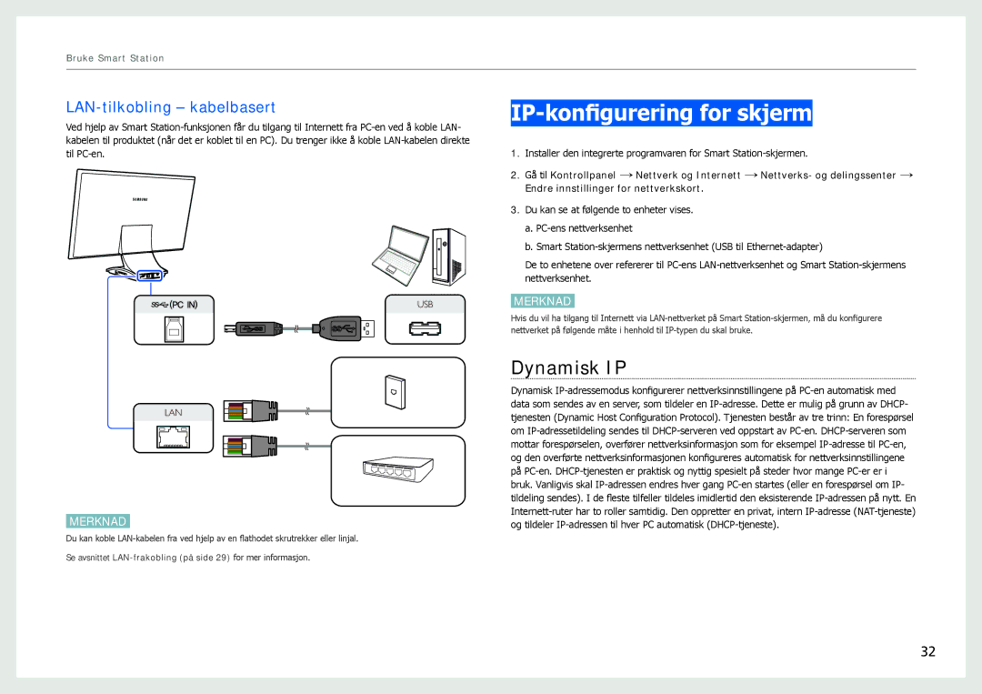 Samsung LC27B750XS/EN, LC24B750XS/EN manual IP-konfigurering for skjerm, Dynamisk IP, LAN-tilkobling kabelbasert 