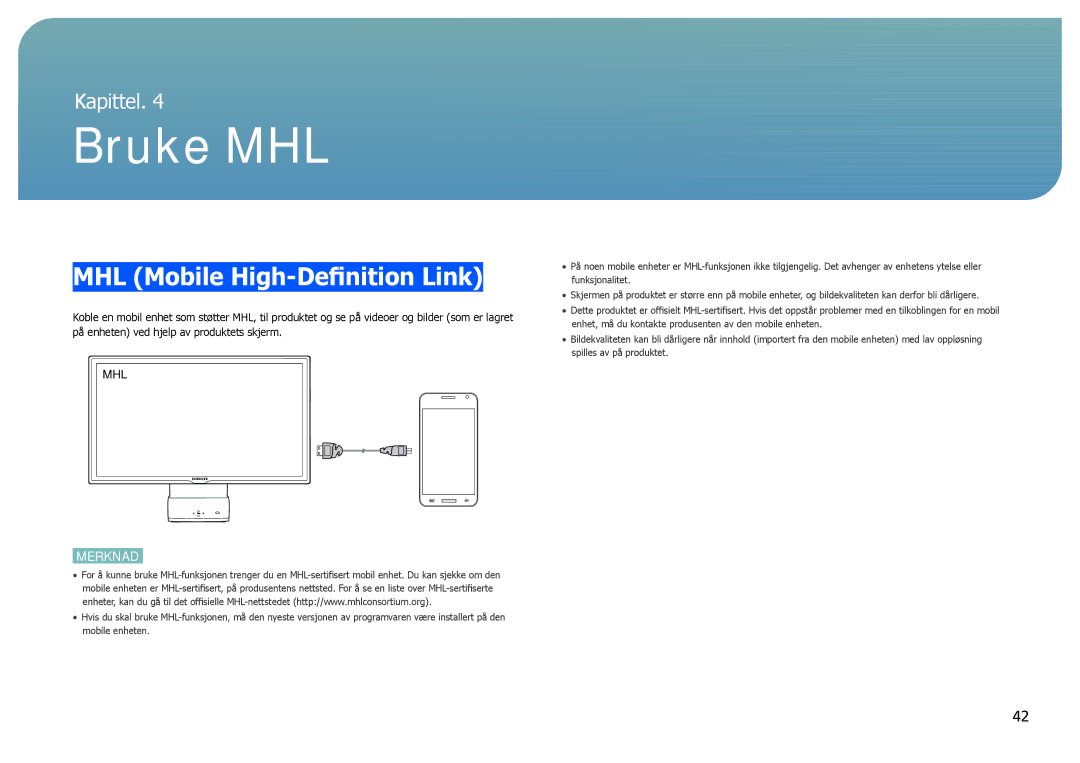 Samsung LC27B750XS/EN, LC24B750XS/EN manual Bruke MHL, MHL Mobile High-Definition Link 