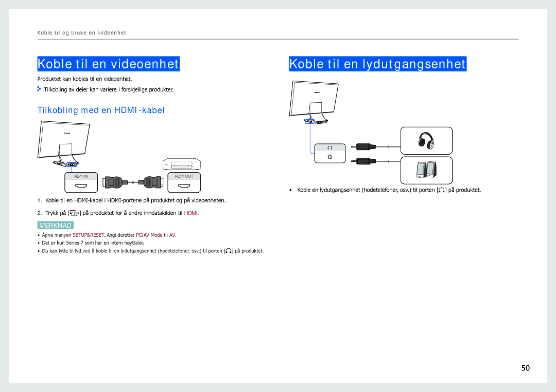 Samsung LC27B750XS/EN, LC24B750XS/EN Koble til en videoenhet, Koble til en lydutgangsenhet, Tilkobling med en HDMI-kabel 