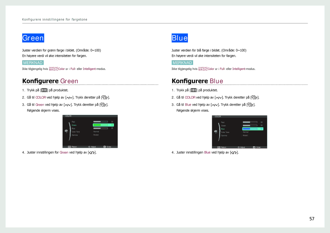 Samsung LC24B750XS/EN, LC27B750XS/EN manual Konfigurere Green, Konfigurere Blue 