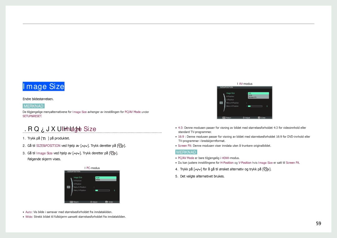 Samsung LC24B750XS/EN, LC27B750XS/EN manual Flytte eller endre størrelse på skjermen, Konfigurere Image Size 