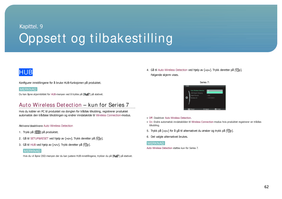 Samsung LC27B750XS/EN, LC24B750XS/EN manual Oppsett og tilbakestilling, Auto Wireless Detection kun for Series 