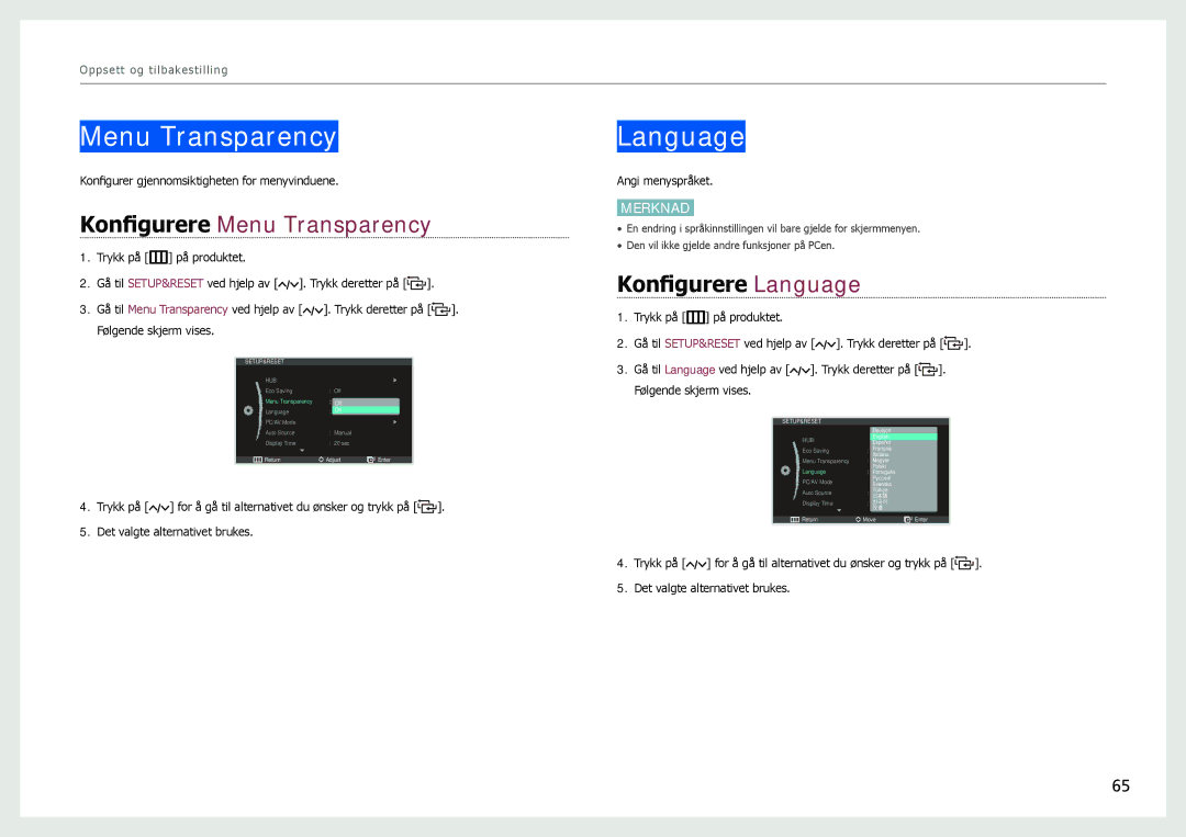 Samsung LC24B750XS/EN, LC27B750XS/EN manual Konfigurere Menu Transparency, Konfigurere Language 