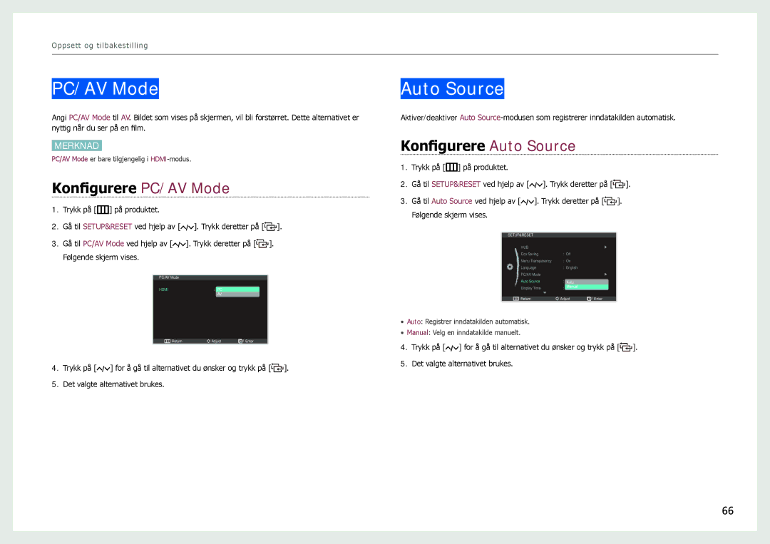 Samsung LC27B750XS/EN, LC24B750XS/EN manual Konfigurere PC/AV Mode, Konfigurere Auto Source 