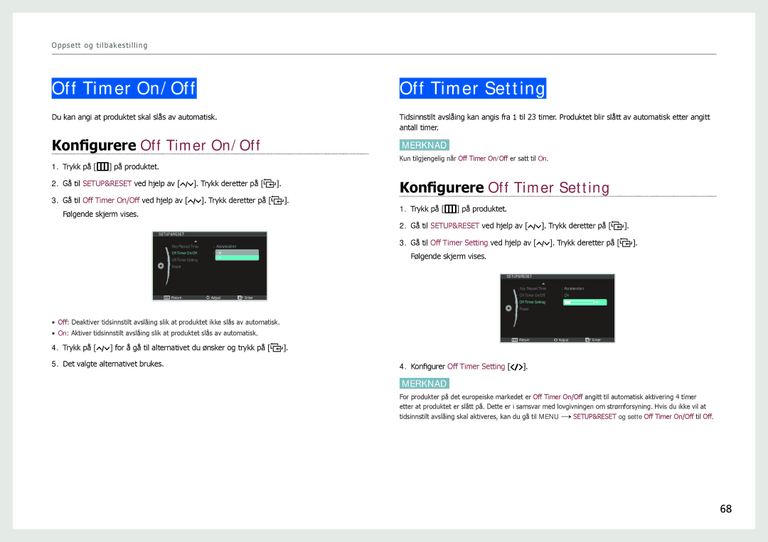 Samsung LC27B750XS/EN, LC24B750XS/EN manual Konfigurere Off Timer On/Off, Konfigurere Off Timer Setting 