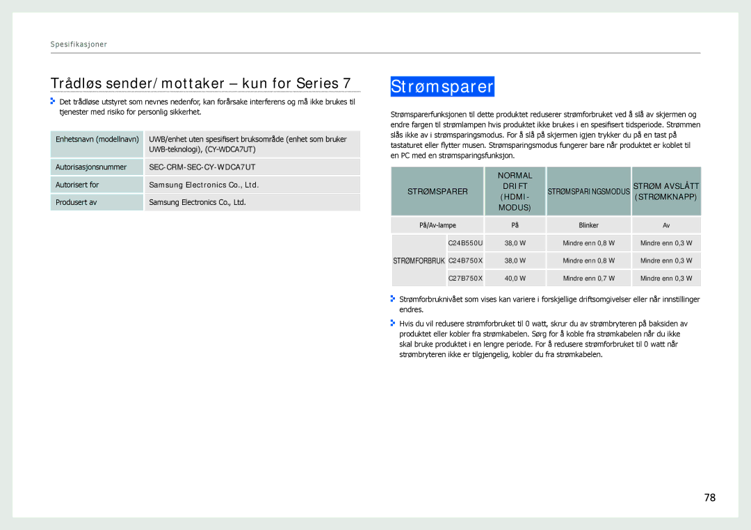 Samsung LC27B750XS/EN, LC24B750XS/EN manual Strømsparer, Trådløs sender/mottaker kun for Series 