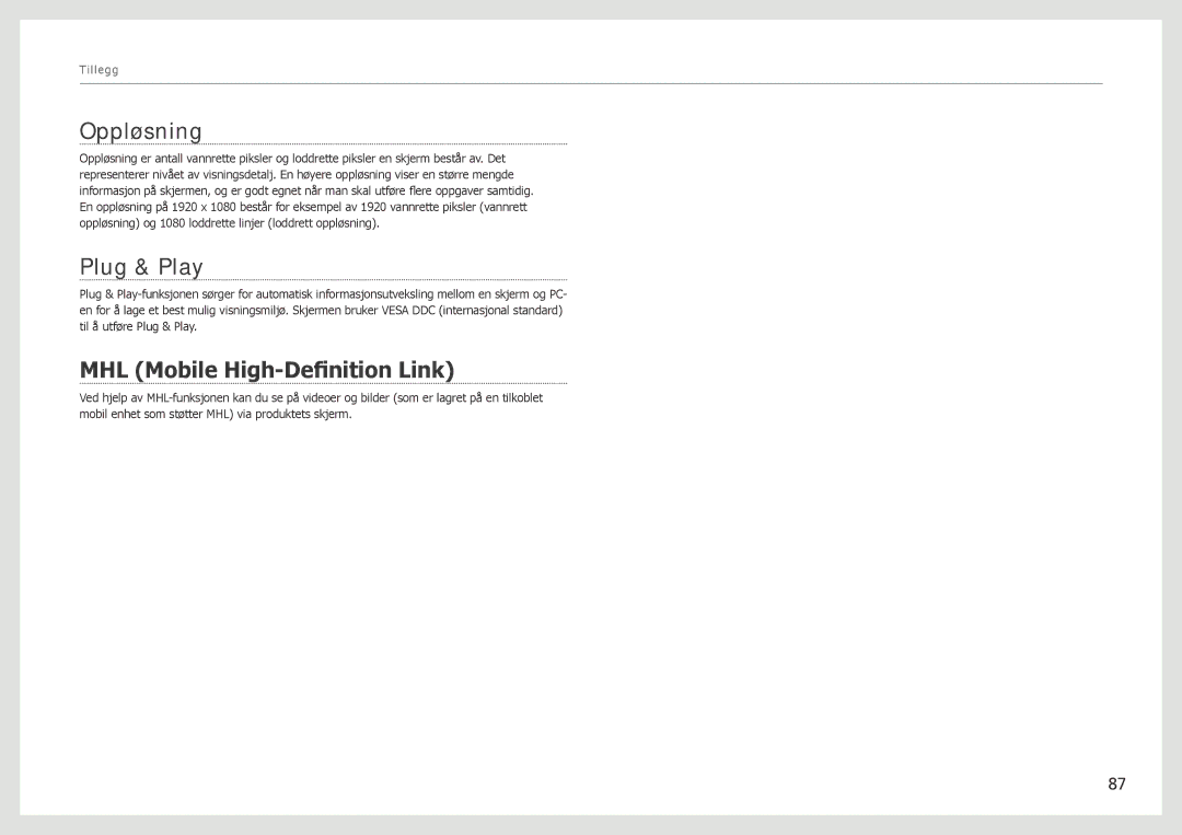 Samsung LC24B750XS/EN, LC27B750XS/EN manual Oppløsning, Plug & Play, MHL Mobile High-Definition Link 