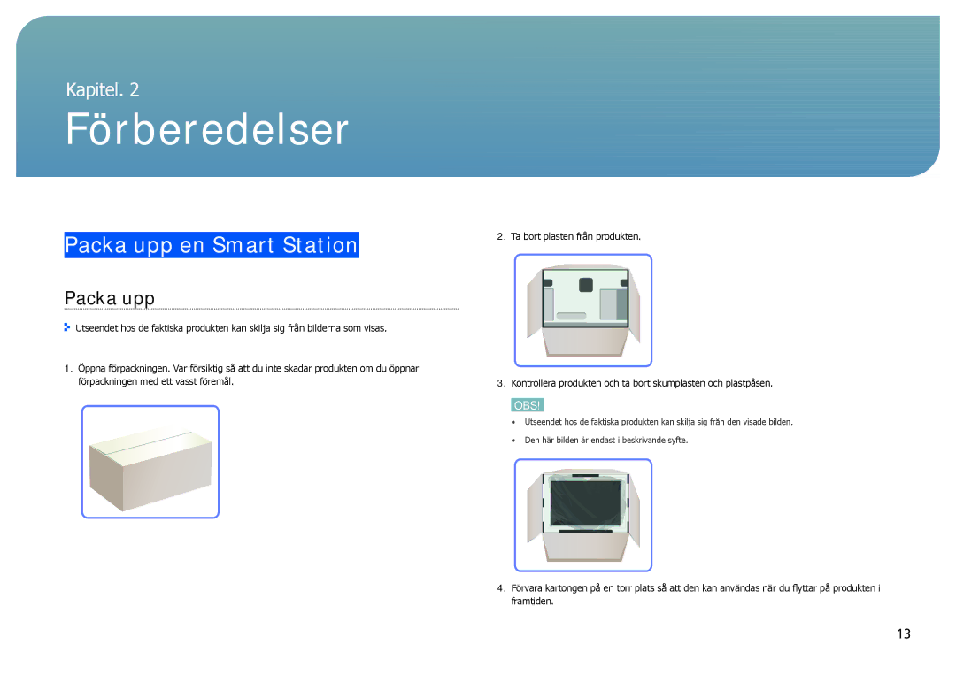 Samsung LC24B750XS/EN, LC27B750XS/EN manual Förberedelser, Packa upp en Smart Station 