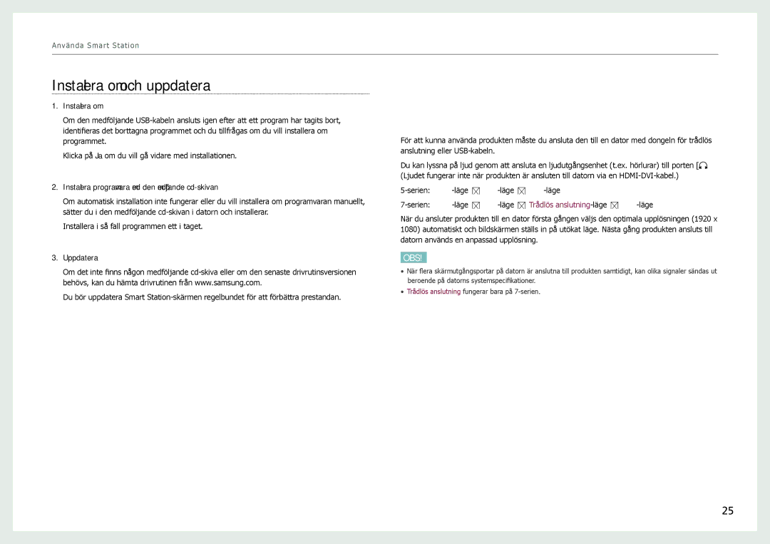 Samsung LC24B750XS/EN, LC27B750XS/EN Ansluta en dator till Smart Station- skärmen produkt, Installera om och uppdatera 