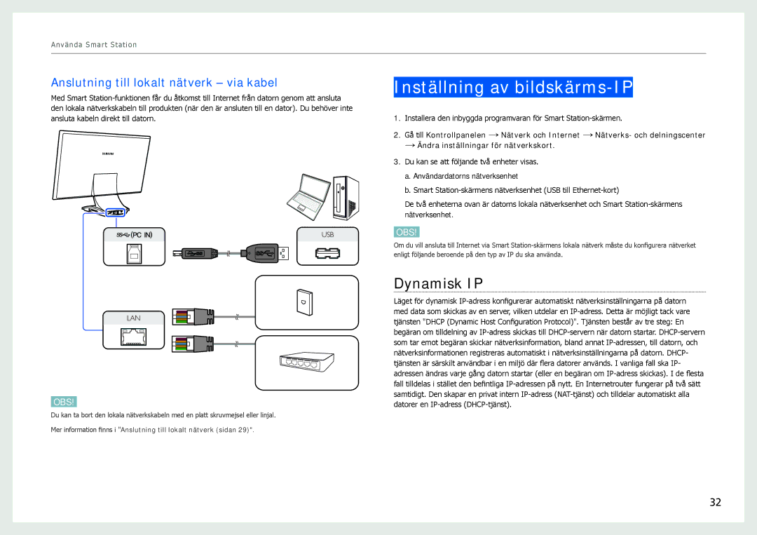 Samsung LC27B750XS/EN, LC24B750XS/EN Inställning av bildskärms-IP, Dynamisk IP, Anslutning till lokalt nätverk via kabel 