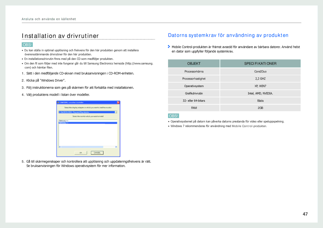 Samsung LC24B750XS/EN, LC27B750XS/EN manual Installation av drivrutiner, Datorns systemkrav för användning av produkten 