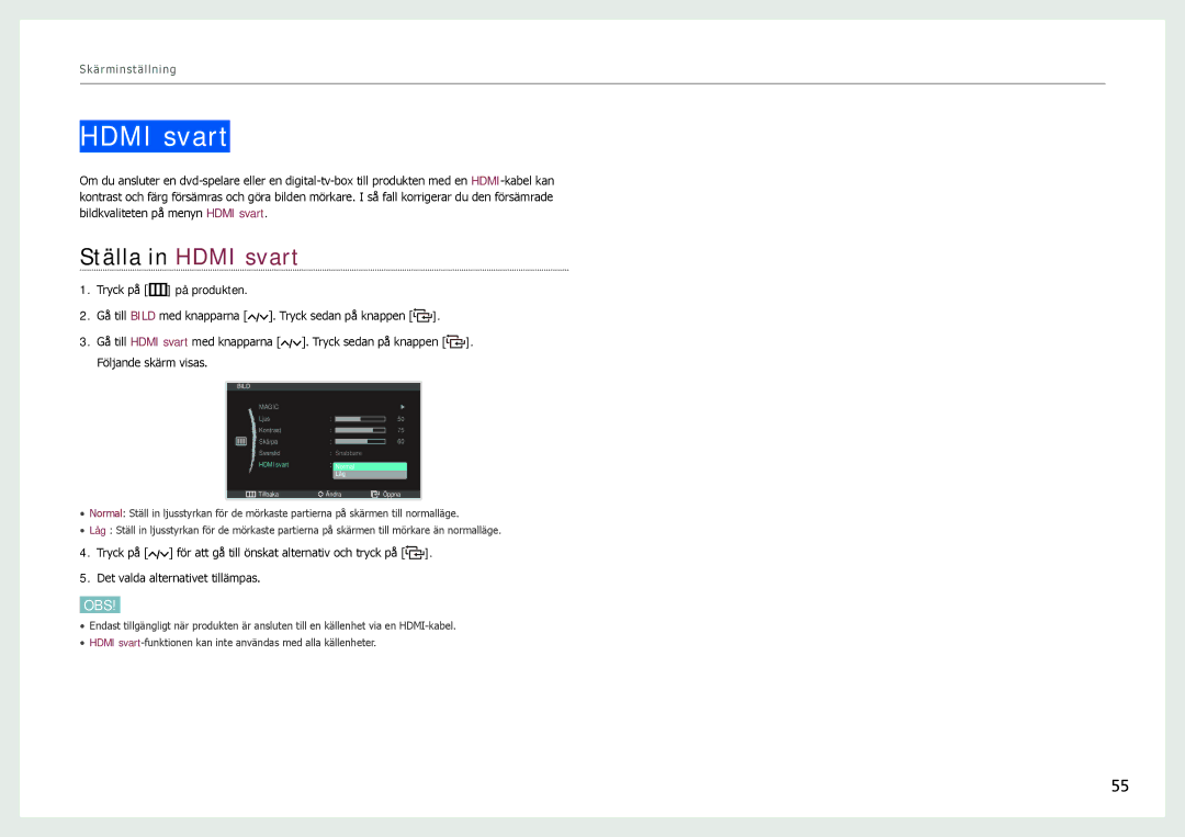 Samsung LC24B750XS/EN, LC27B750XS/EN manual Ställa in Hdmi svart 