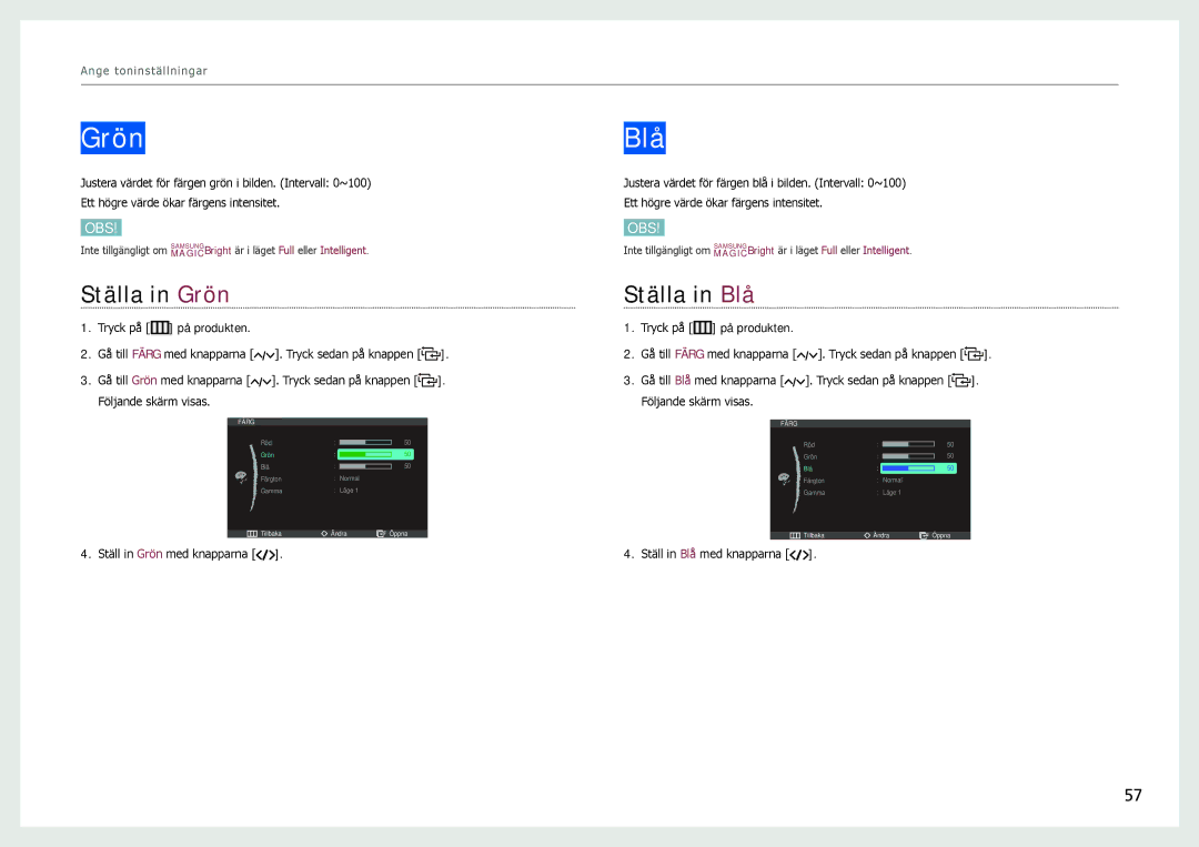 Samsung LC24B750XS/EN, LC27B750XS/EN manual Ställa in Grön, Ställa in Blå 