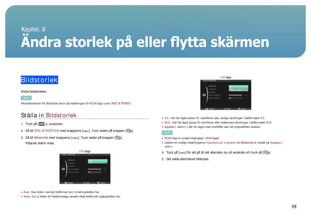 Samsung LC24B750XS/EN, LC27B750XS/EN manual Ändra storlek på eller flytta skärmen, Ställa in Bildstorlek 