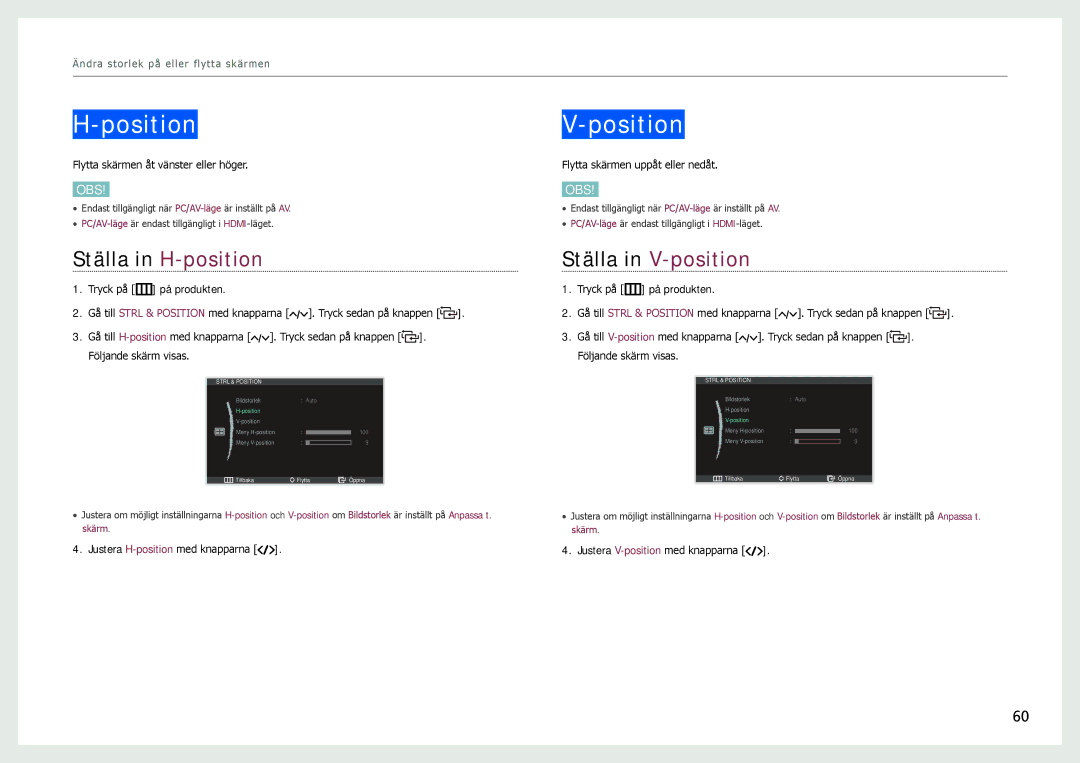 Samsung LC27B750XS/EN, LC24B750XS/EN manual Position, Ställa in H-position, Ställa in V-position 