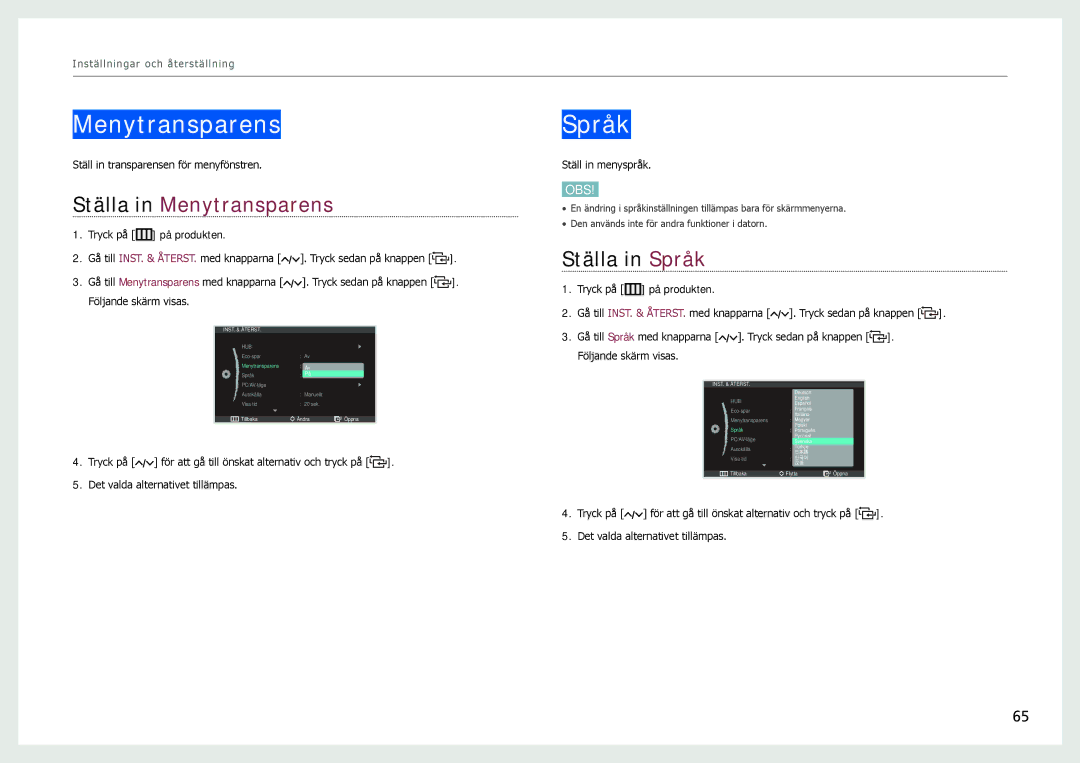 Samsung LC24B750XS/EN, LC27B750XS/EN manual Ställa in Menytransparens, Ställa in Språk 