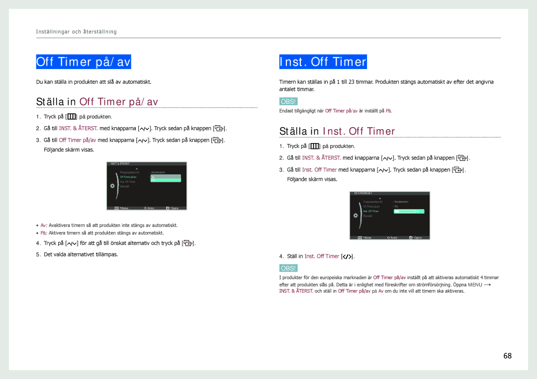 Samsung LC27B750XS/EN, LC24B750XS/EN manual Ställa in Off Timer på/av, Ställa in Inst. Off Timer 