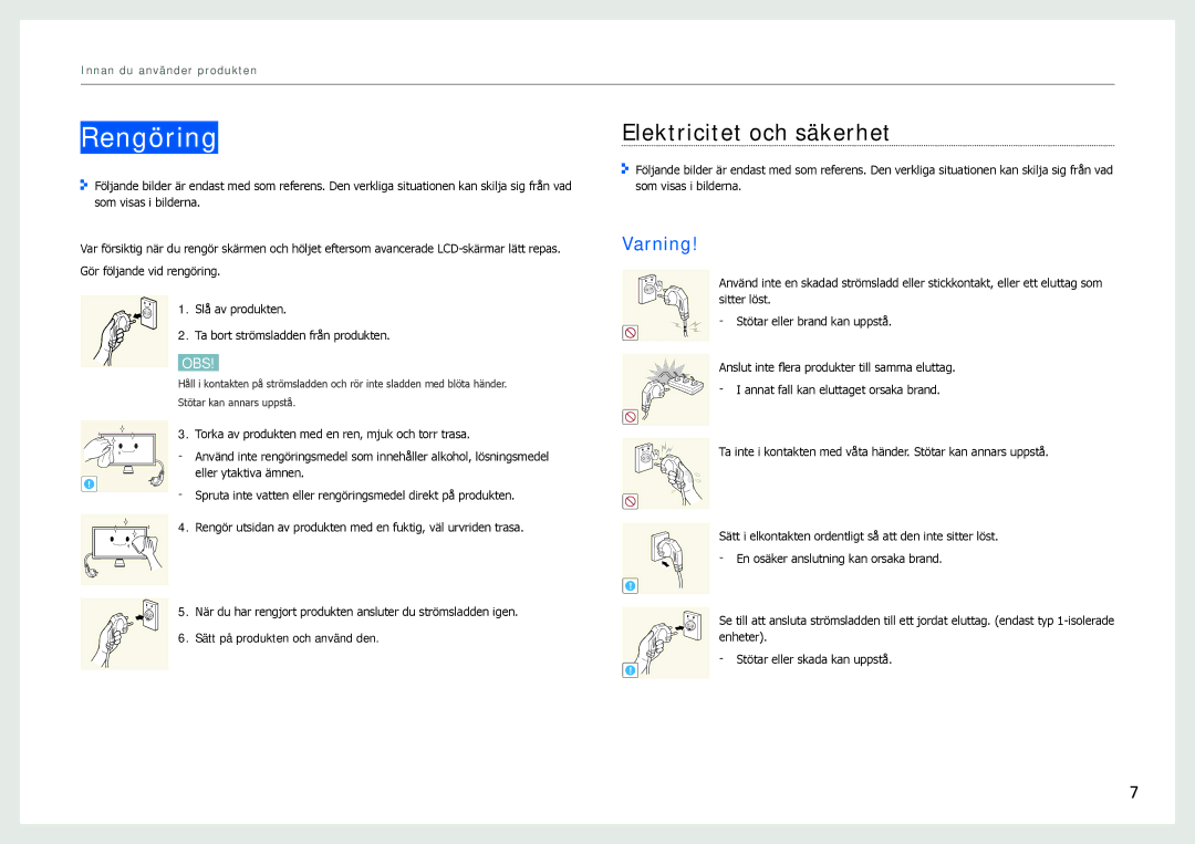 Samsung LC24B750XS/EN, LC27B750XS/EN manual Rengöring, Elektricitet och säkerhet, Varning 