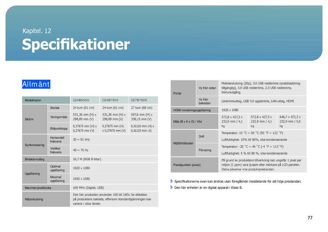 Samsung LC24B750XS/EN, LC27B750XS/EN manual Specifikationer, Allmänt 