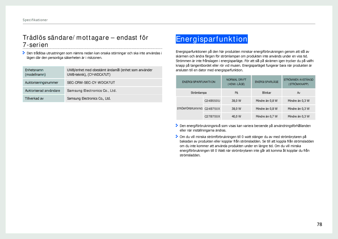 Samsung LC27B750XS/EN, LC24B750XS/EN manual Energisparfunktion, Trådlös sändare/mottagare endast för 7-serien 