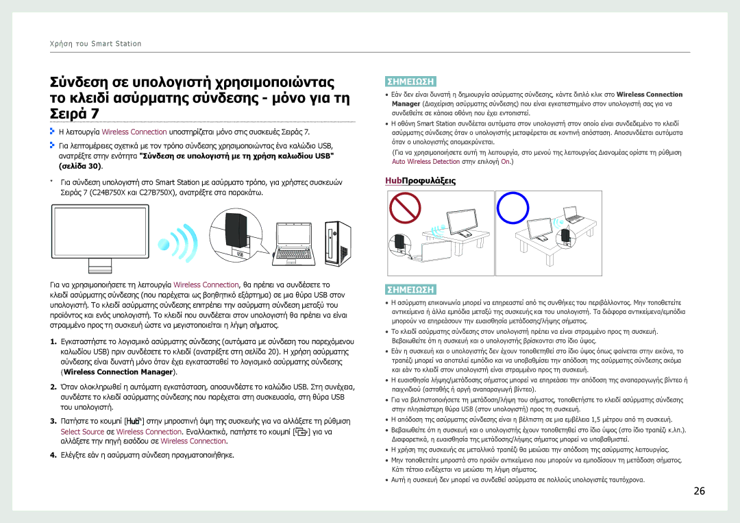 Samsung LC27B750XS/EN manual HubΠροφυλάξεις, Wireless Connection Manager 