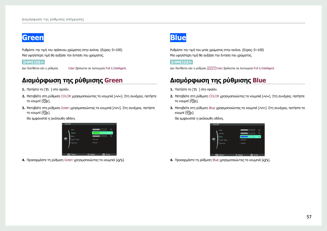 Samsung LC27B750XS/EN manual Διαμόρφωση της ρύθμισης Green, Διαμόρφωση της ρύθμισης Blue 