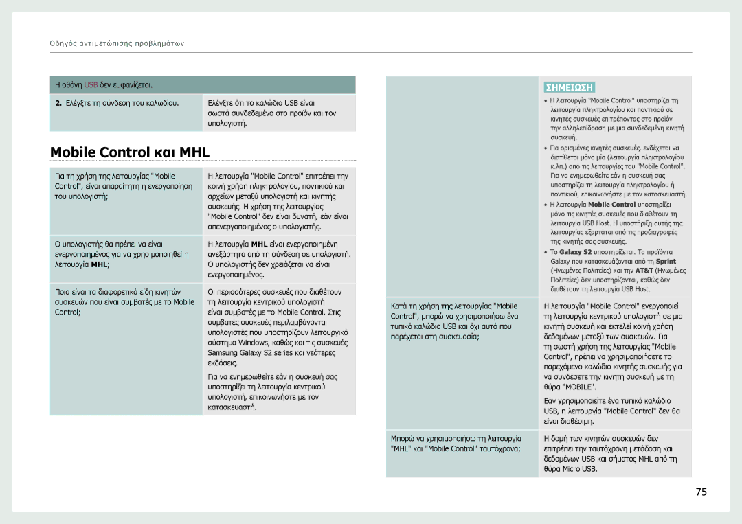 Samsung LC27B750XS/EN manual Mobile Control και MHL, Συσκευή 