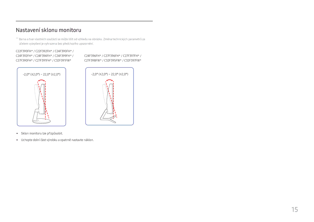 Samsung LS22E45UDW/EN, LC27F398FWUXEN, LC32F391FWUXEN, LC24F390FHUXEN, LC27F396FHUXEN manual Nastavení sklonu monitoru 