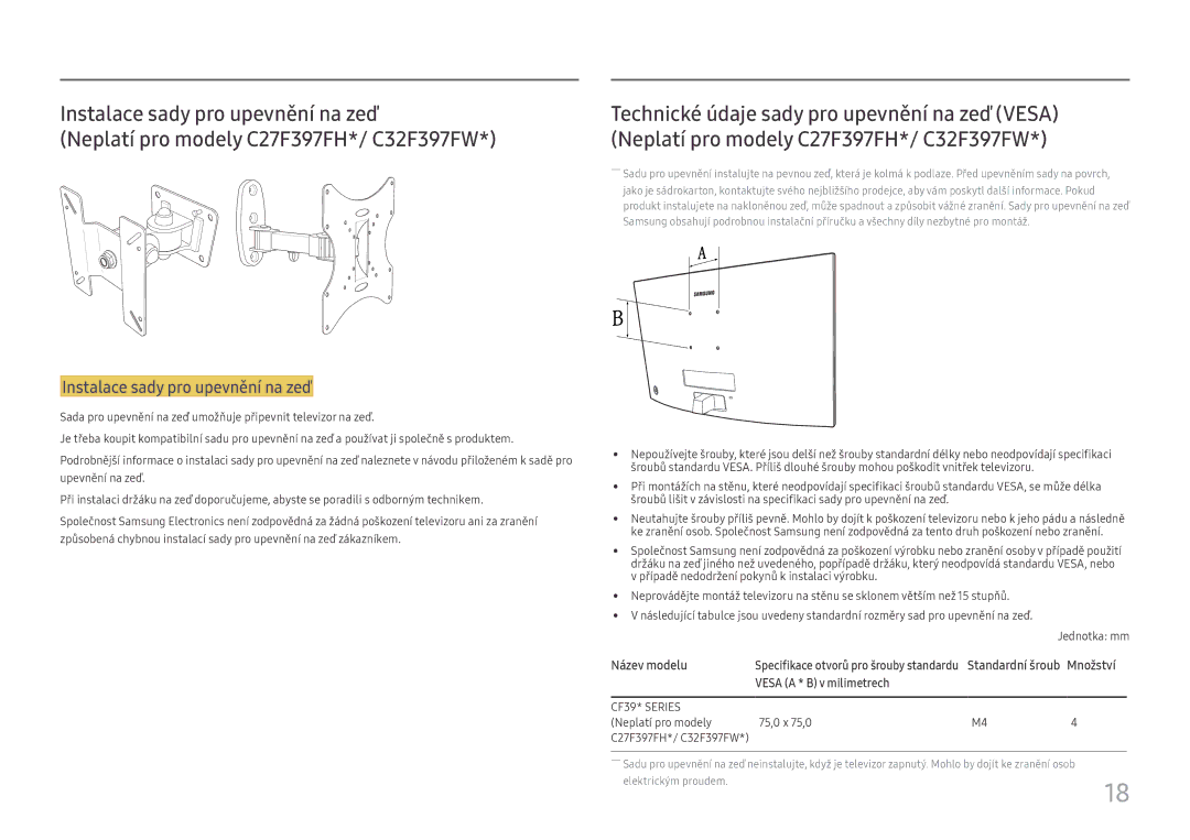 Samsung LC24F390FHUXEN, LC27F398FWUXEN, LC32F391FWUXEN, LC27F396FHUXEN manual Název modelu, Množství, Vesa a * B v milimetrech 
