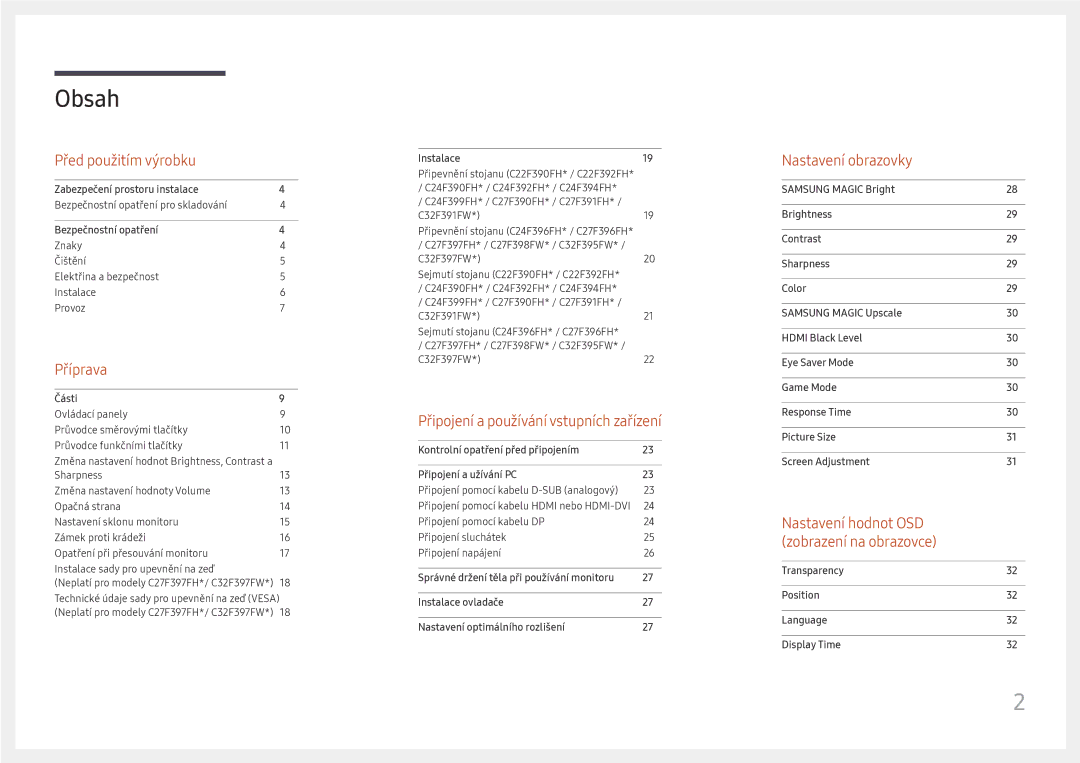 Samsung LC24F390FHUXEN, LC27F398FWUXEN, LC32F391FWUXEN, LC27F396FHUXEN, LC24F396FHUXEN, LC27F390FHUXEN, LC22F390FHUXEN Obsah 