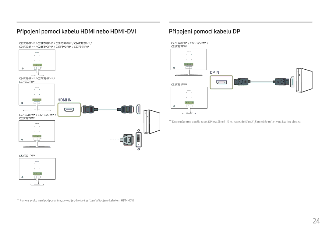 Samsung LC27F398FWUXEN, LC32F391FWUXEN manual Připojení pomocí kabelu Hdmi nebo HDMI-DVI, Připojení pomocí kabelu DP 