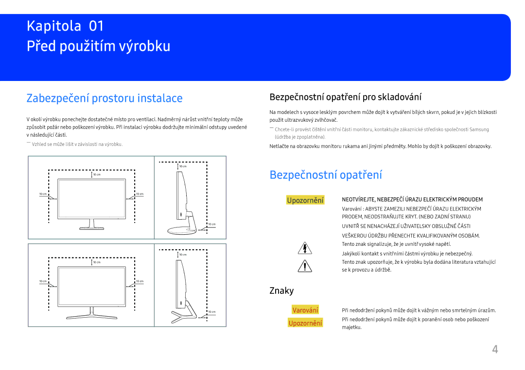 Samsung LC24F396FHUXEN, LC27F398FWUXEN Před použitím výrobku, Zabezpečení prostoru instalace, Bezpečnostní opatření, Znaky 