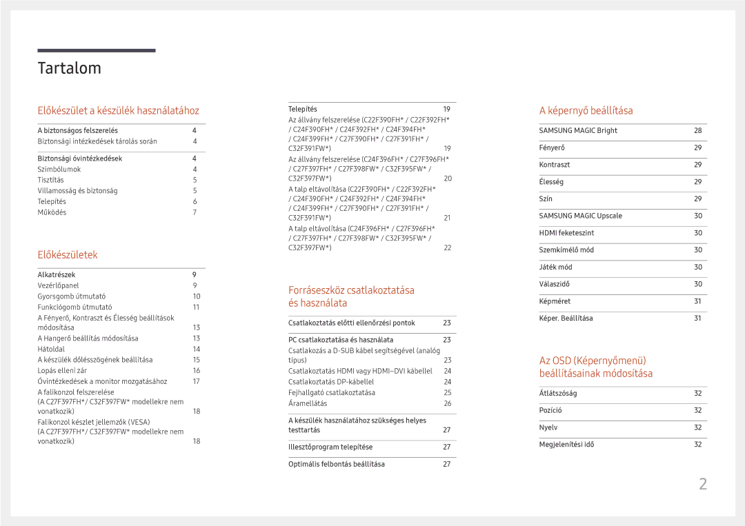 Samsung LC24F390FHUXEN, LC27F398FWUXEN, LC32F391FWUXEN, LC27F396FHUXEN, LC24F396FHUXEN, LC27F390FHUXEN, LC22F390FHUXEN Tartalom 